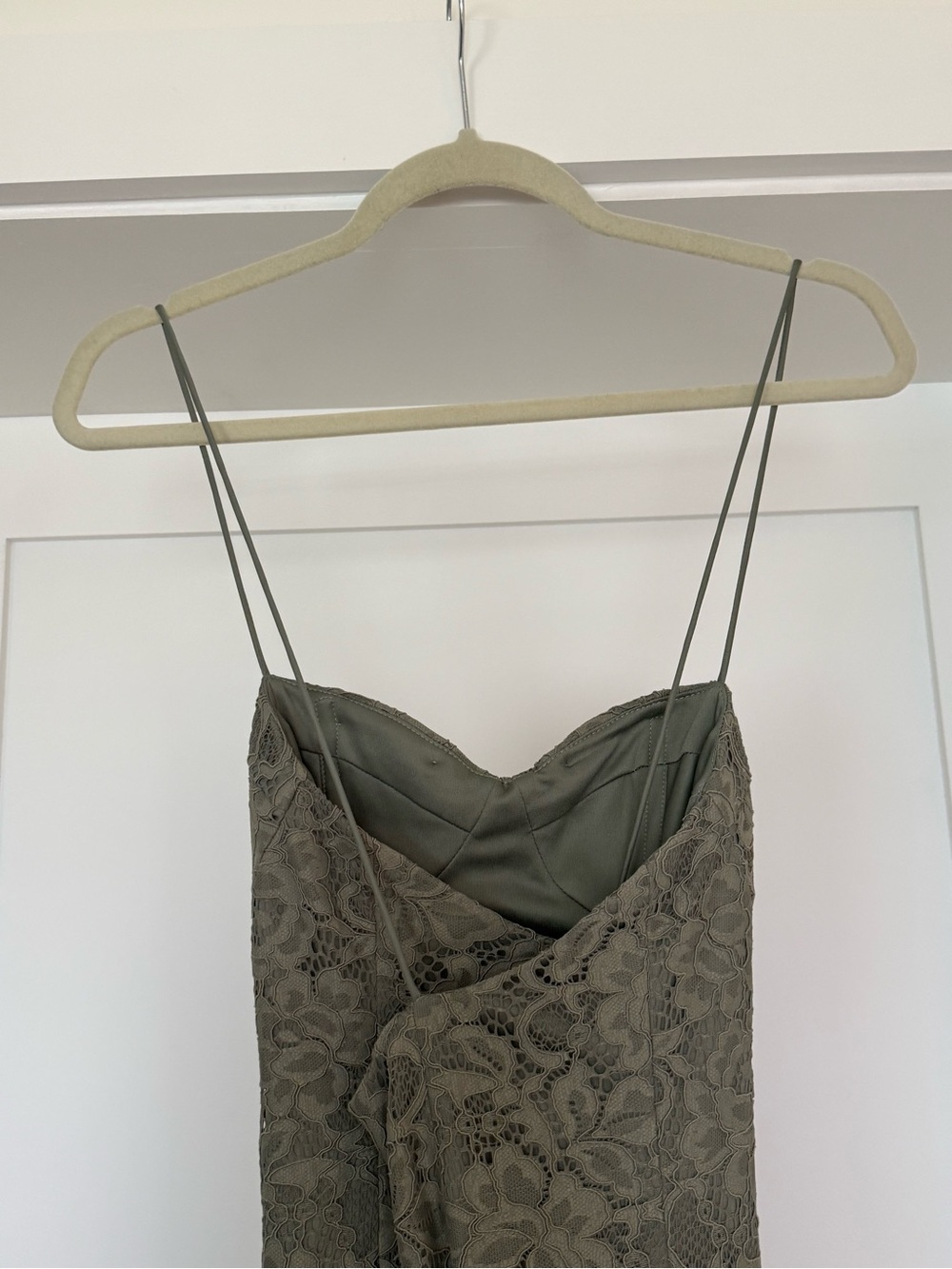 BHLDN Emma Sweetheart Lace Gown Olive Lace Maxi with Spaghetti Straps - Picture 9 of 13
